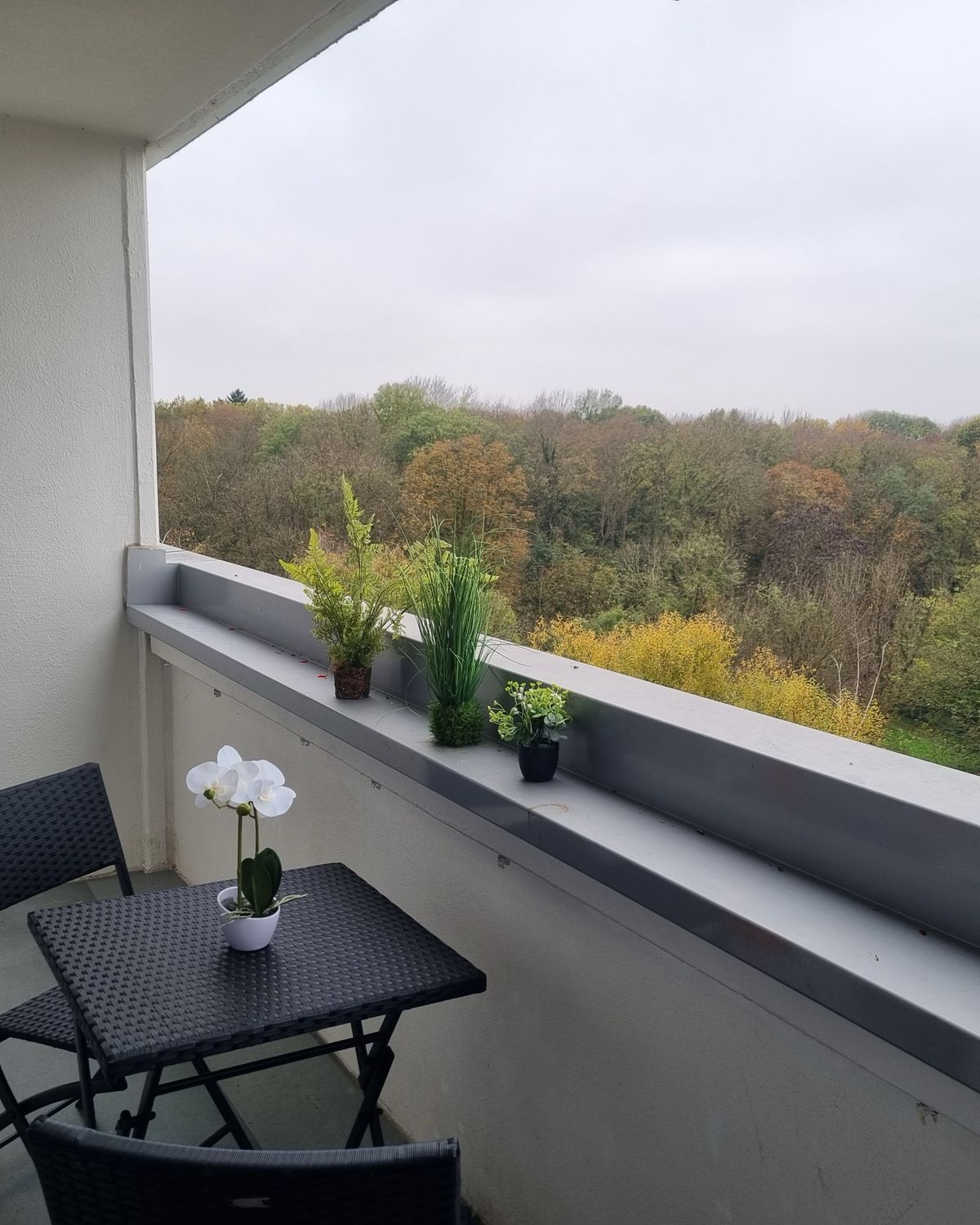 Möblierter Balkon mit Tisch und Blick ins Grüne bei einem MA-Flats Apartment